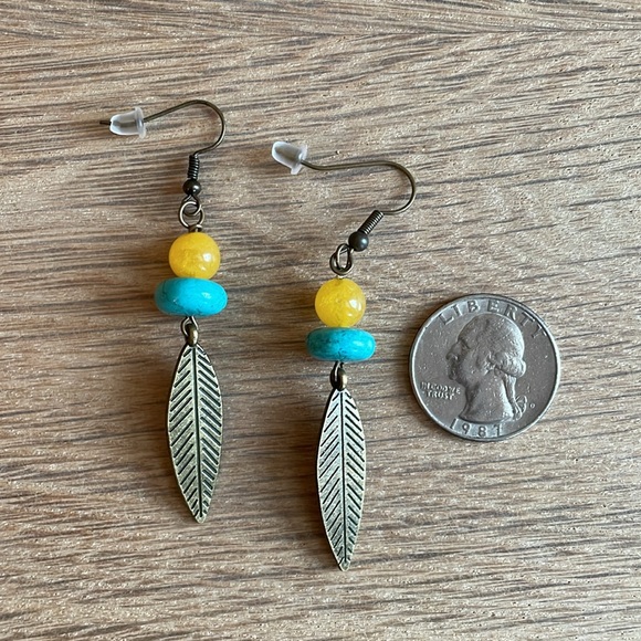 HAND CRAFTED BOHEMIAN BEADED EARRINGS Antique Brass Turquoise Yellow Chalcedony - Picture 8 of 14
